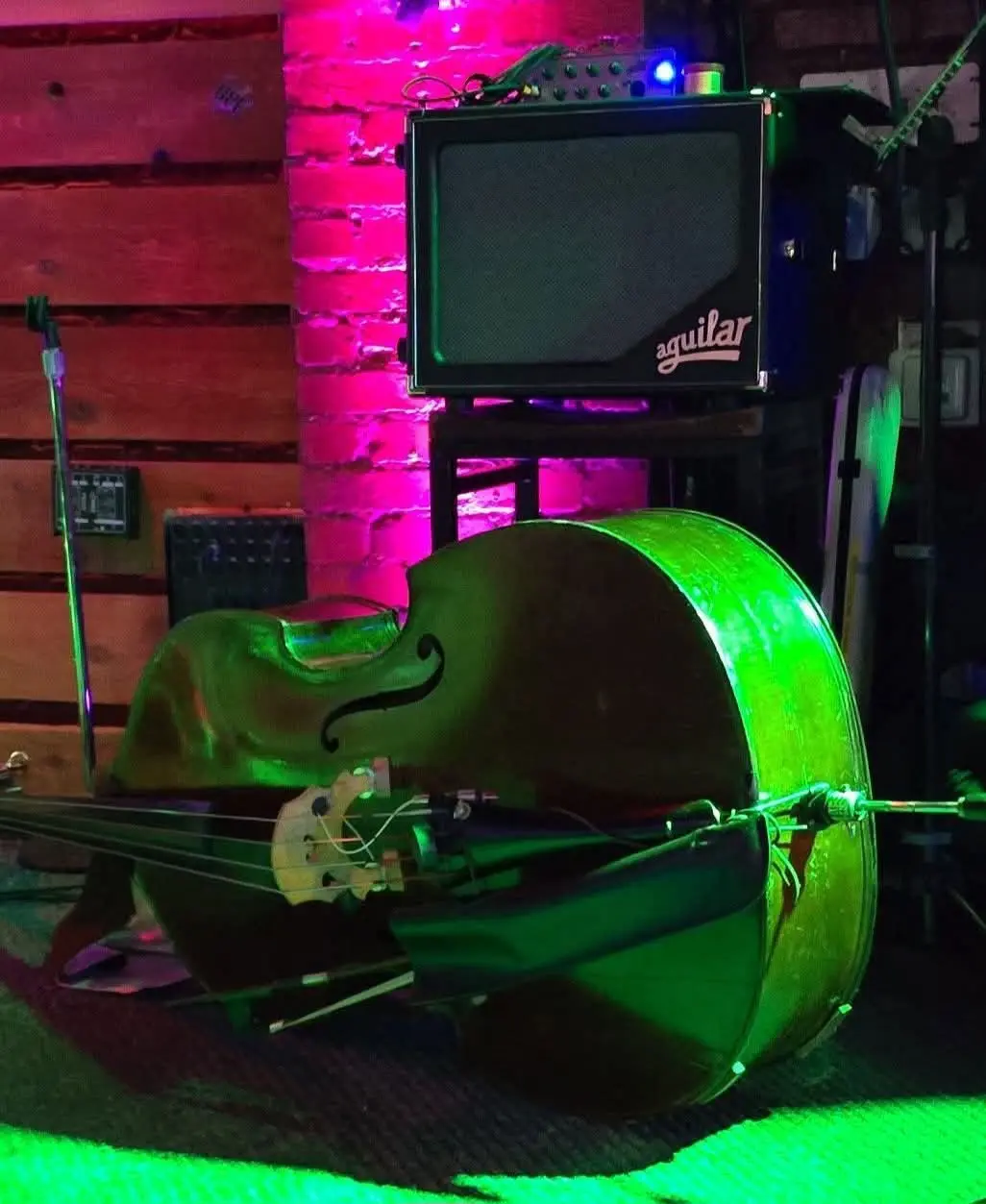 An upright bass resting on its side under green and magenta club lighting, with a bass amplifier on a stand behind it